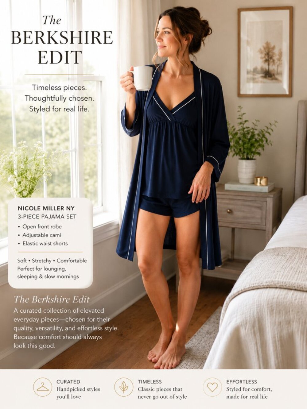 Nicole Miller NY 3 Piece Pajama Set Robe Cami Shorts Navy Large Stretch